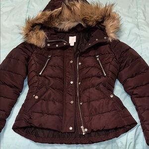 H&M Brown Puffer Jacket Faux Fur Hood Water-Resistant